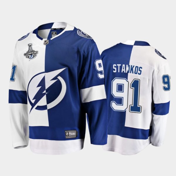 Men Tampa Bay Lightning Steven Stamkos #91 2020 Stanley Cup Champions White Blue Split Jersey
