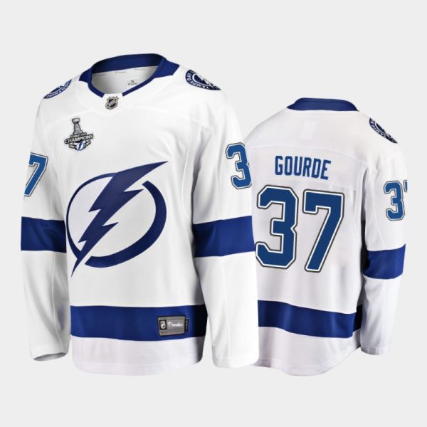 Men Tampa Bay Lightning Yanni Gourde #37 2020 Stanley Cup Champions White Breakaway Player Away Jersey