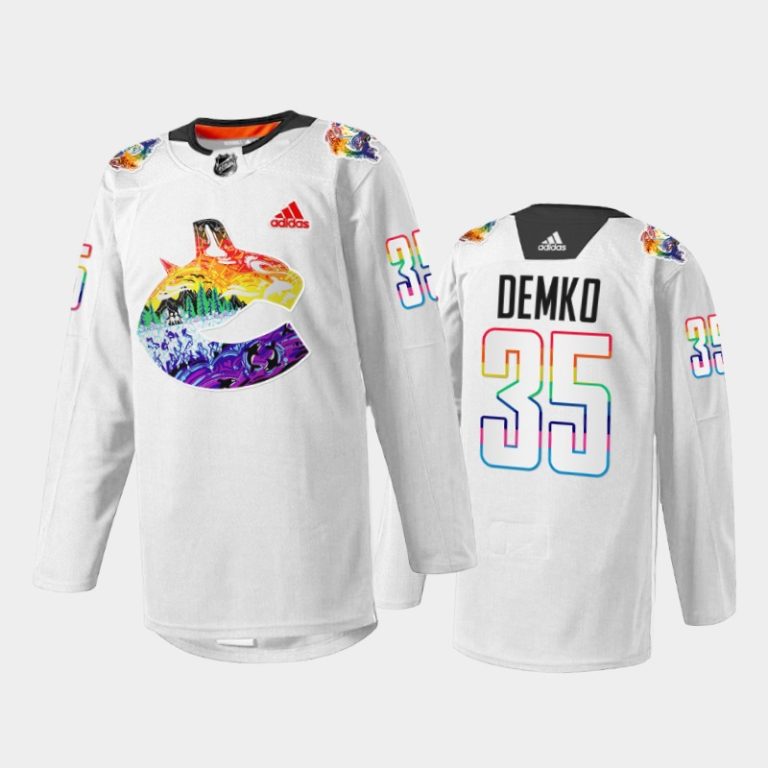 Men Thatcher Demko Vancouver Canucks Pride Night Jersey White #35 Mio Artwork Warmup