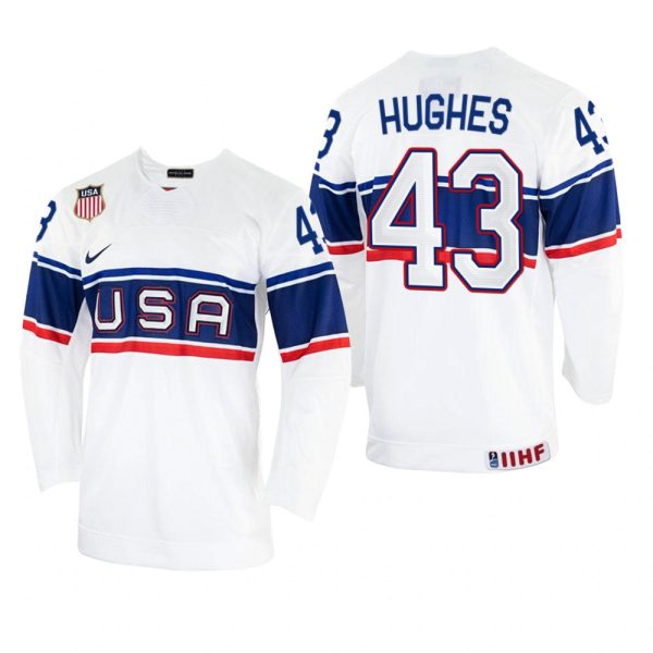 Men USA Hockey Luke Hughes 2022 IIHF World Championship White #43 Jersey Home