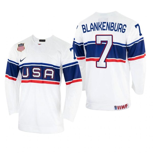 Men USA Hockey Nick Blankenburg 2022 IIHF World Championship White #7 Jersey Home