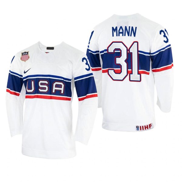 Men USA Hockey Strauss Mann 2022 IIHF World Championship White #31 Jersey Home