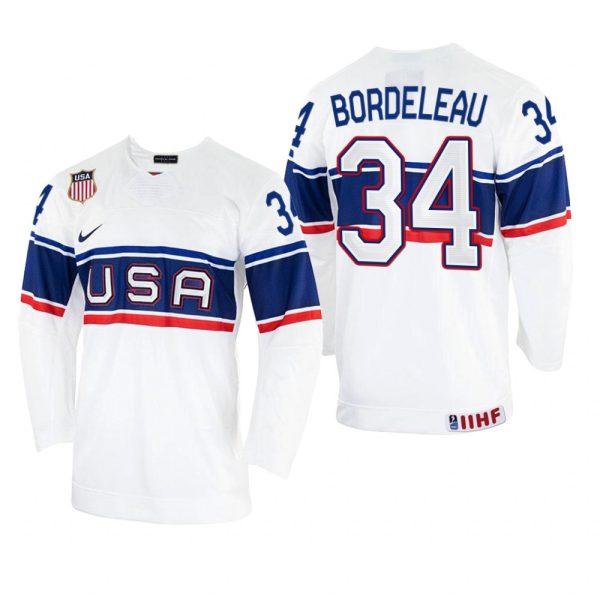 Men USA Hockey Thomas Bordeleau 2022 IIHF World Championship White #34 Jersey Home