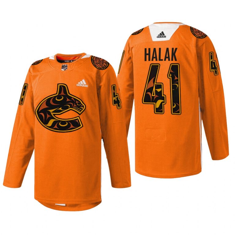 Men Vancouver Canucks Jaroslav Halak #41 2022 First Nations Night Jersey Orange Every Child Matters