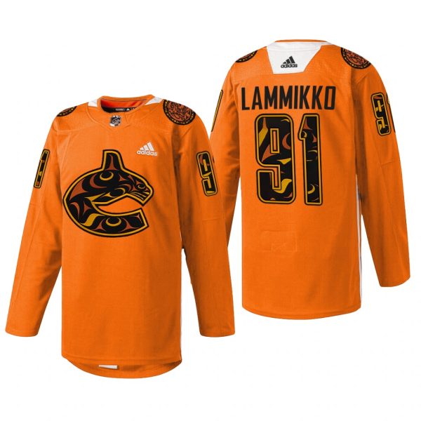 Men Vancouver Canucks Juho Lammikko #91 2022 First Nations Night Jersey Orange Every Child Matters