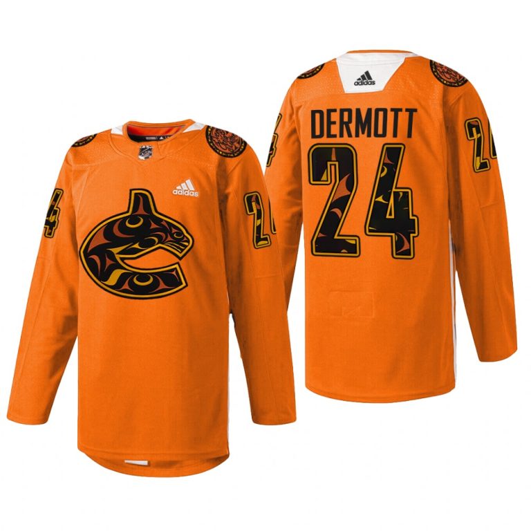 Men Vancouver Canucks Travis Dermott #24 2022 First Nations Night Jersey Orange Every Child Matters