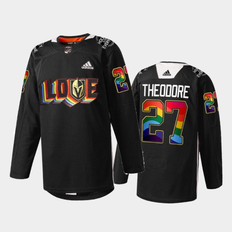 Men Vegas Golden Knights Shea Theodore #27 LGBTQ Pride Night 2022 Jersey Black Rainbow Practice