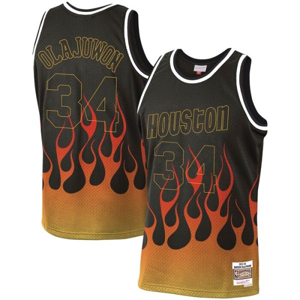 Hakeem Olajuwon Houston Rockets M&N 1993-94 Hardwood Classics Flames Swingman Jersey - Black