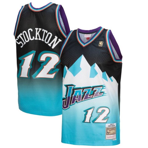 John Stockton Utah Jazz M&N 1996/97 Hardwood Classics Fadeaway Swingman Player Jersey - Black/Light Blue