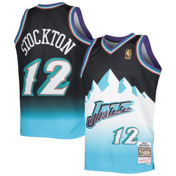 John Stockton Utah Jazz M&N Youth 1996-97 Hardwood Classics Fadeaway Swingman Jersey - Black/Light Blue