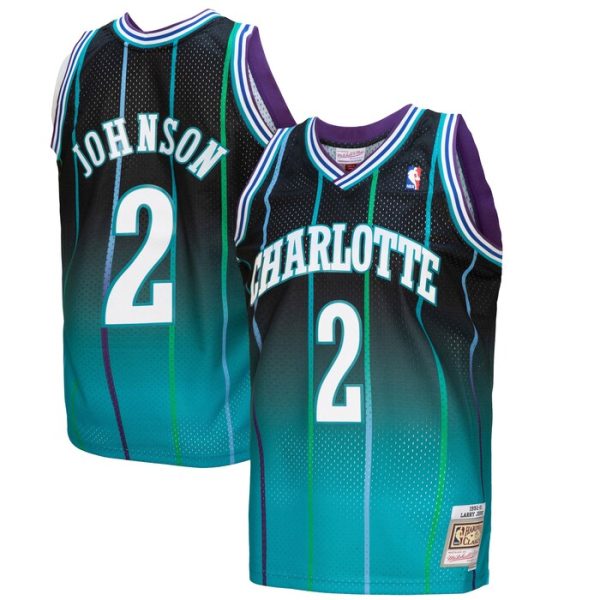 Larry Johnson Charlotte Hornets M&N 1992/93 Hardwood Classics Fadeaway Swingman Player Jersey - Teal/Black