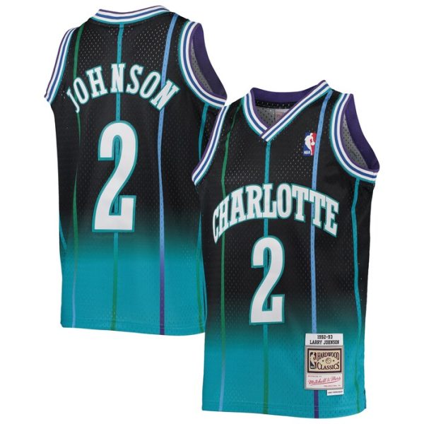 Larry Johnson Charlotte Hornets M&N Youth 1992/93 Hardwood Classics Fadeaway Swingman Player Jersey - Teal/Black