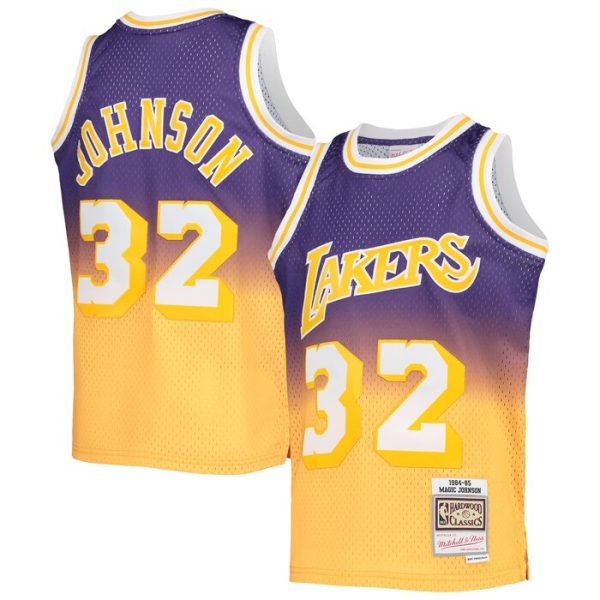 Magic Johnson Los Angeles Lakers M&N Youth 1984-85 Hardwood Classics Fadeaway Swingman Jersey - Purple/Gold