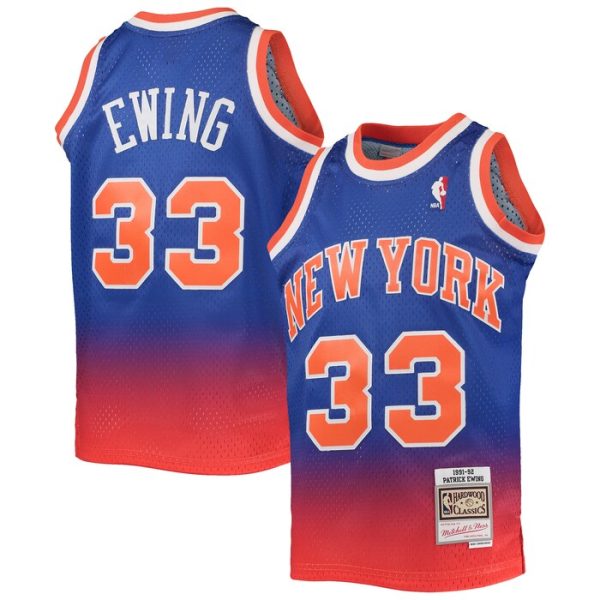 Patrick Ewing New York Knicks M&N Youth 1991/92 Hardwood Classics Fadeaway Swingman Player Jersey - Orange/Blue