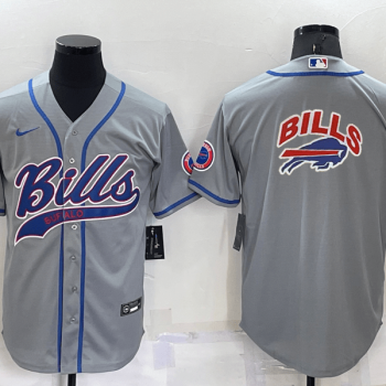 Men Buffalo Bills Grey Team Big Logo With Patch Cool Base Stitched Baseball Jersey