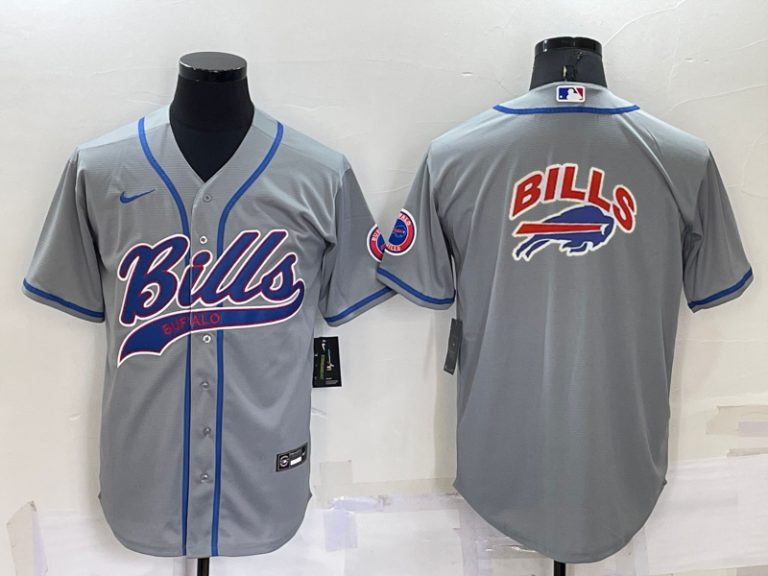 Men Buffalo Bills Grey Team Big Logo With Patch Cool Base Stitched Baseball Jersey