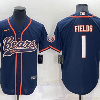 Men Chicago Bears #1 Justin Fields Navy Blue Stitched MLB Cool Base Baseball Jersey