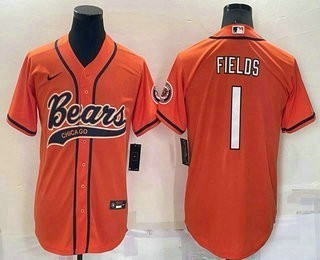 Men Chicago Bears #1 Justin Fields Orange Stitched MLB Cool Base Baseball Jersey