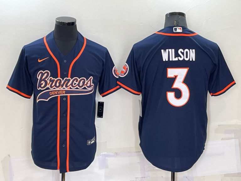 Men Denver Broncos #3 Russell Wilson Nvay Blue Stitched Cool Base Baseball Jersey