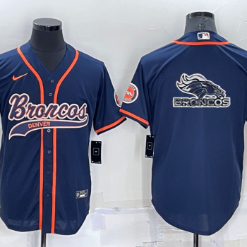 Men Denver Broncos Navy Team Big Logo With Patch Cool Base Stitched Baseball Jersey