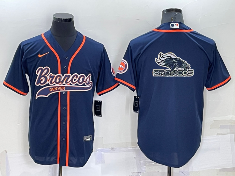 Men Denver Broncos Navy Team Big Logo With Patch Cool Base Stitched Baseball Jersey