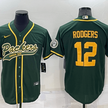 Men Green Bay Packers #12 Aaron Rodgers Green Yellow Stitched MLB Cool Base Baseball Jersey
