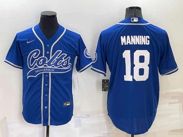 Men Indianapolis Colts #18 Peyton Manning Blue Stitched MLB Cool Base Baseball Jersey