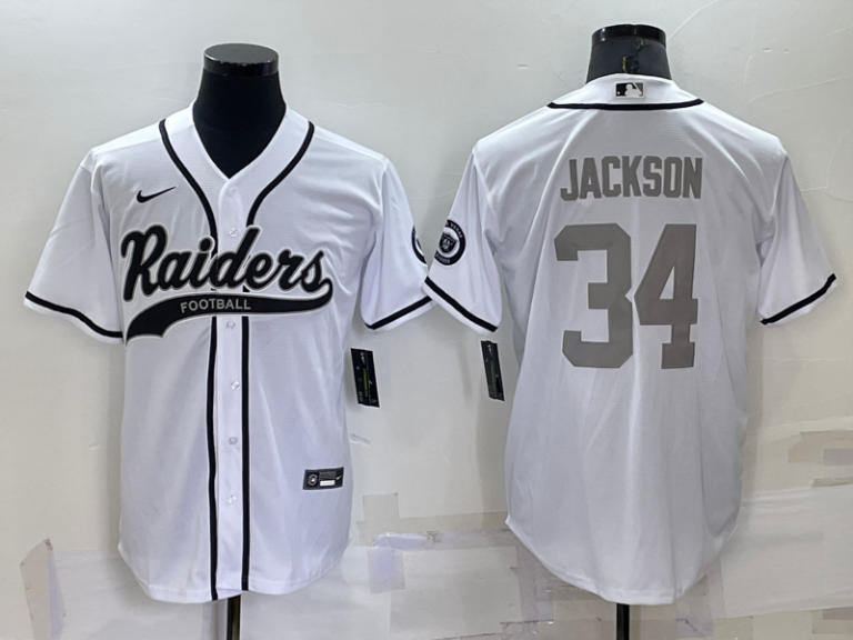 Men Las Vegas Raiders #34 Bo Jackson White Grey Stitched MLB Cool Base Baseball Jersey