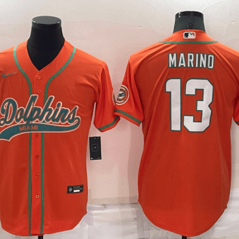 Men Miami Dolphins #13 Dan Marino Orange Stitched Cool Base Baseball Jersey