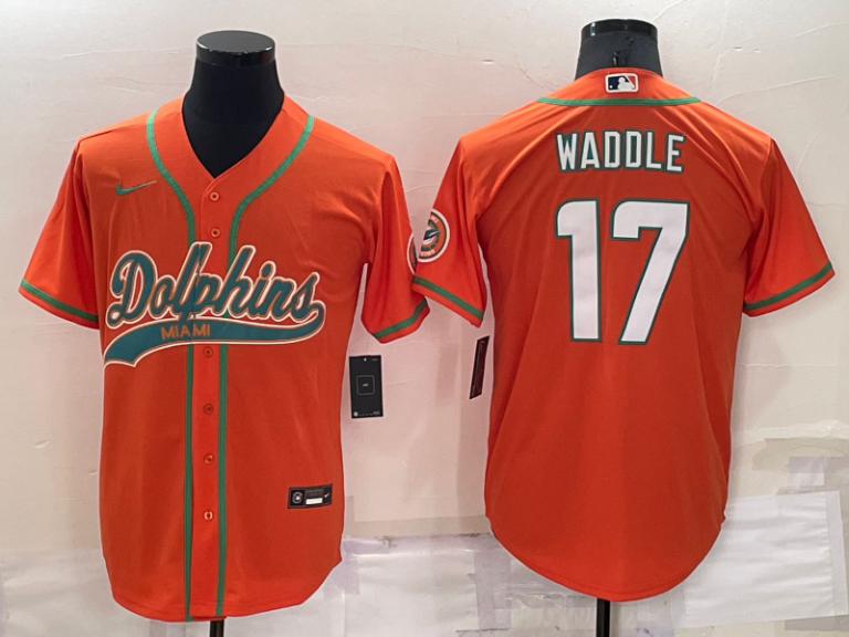 Men Miami Dolphins #17 Jaylen Waddle Orange Stitched Cool Base Baseball Jersey