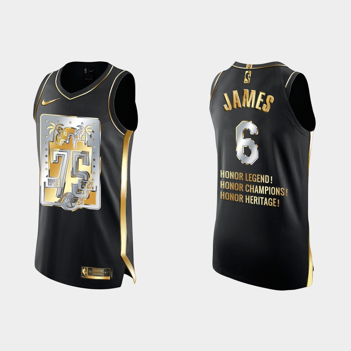 2022 23 Los Angeles Lakers 75th Anniversary No 6 Lebron James Golden Black Jersey Choose Your