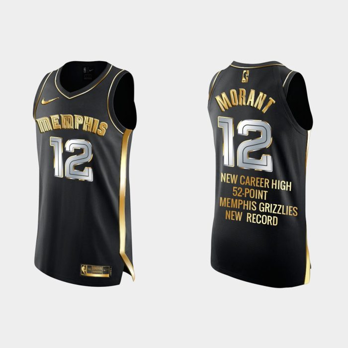 Memphis Grizzlies #12 Ja Morant New Career High 52-Point Black Gold Jersey