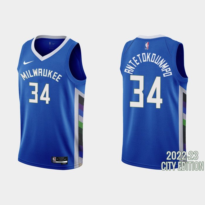 Milwaukee Bucks #34 Giannis Antetokounmpo 2022-23 City Edition Blue Jersey