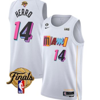 Men Miami Heat #14 Tyler Herro White 2023 Finals City Edition With NO.6 Patch Stitched Jersey