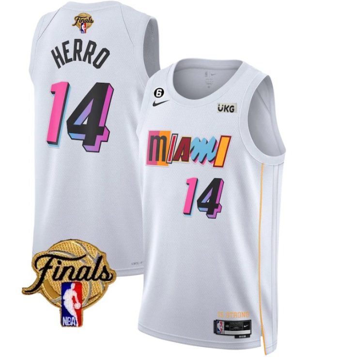 Men Miami Heat #14 Tyler Herro White 2023 Finals City Edition With NO.6 Patch Stitched Jersey