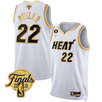 Miami Heat #22 Jimmy Butler White Gold Edition 2023 Finals Collection & NO.6 Patch Stitched Jersey