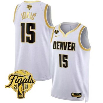 Nuggets #15 Nikola Jokic White Gold Edition 2023 Finals Collection With NO.6 Patch Stitched Jersey