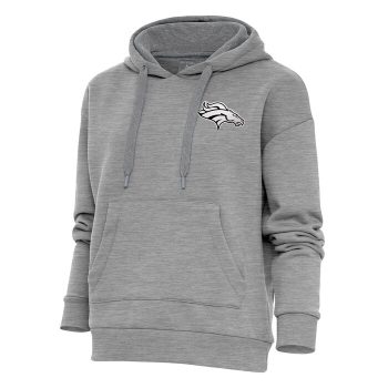 Denver Broncos Antigua Women's Metallic Logo Victory Pullover Hoodie - Heather Gray