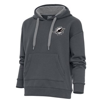 Miami Dolphins Antigua Women's Metallic Logo Victory Pullover Hoodie - Charcoal