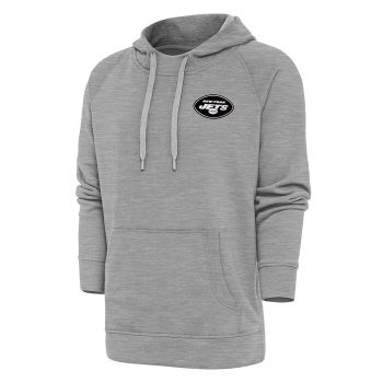 New York Jets Antigua Metallic Logo Victory Pullover Hoodie - Heather Gray