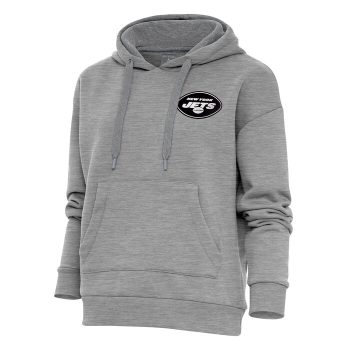 New York Jets Antigua Women's Metallic Logo Victory Pullover Hoodie - Heather Gray