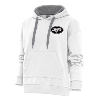 New York Jets Antigua Women's Metallic Logo Victory Pullover Hoodie - White