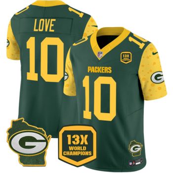 Green Bay Packers #10 Jordan Love Green 2024 F.U.S.E. 13 Time World Champions And Home Patch Vapor Untouchable Limited Football Stitched Jersey