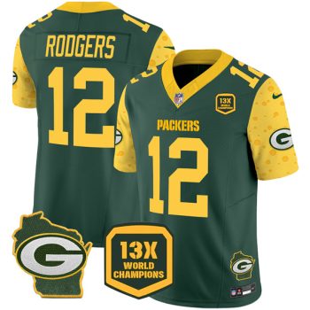 Green Bay Packers #12 Aaron Rodgers Green 2024 F.U.S.E. 13 Time World Champions And Home Patch Vapor Untouchable Limited Football Stitched Jersey