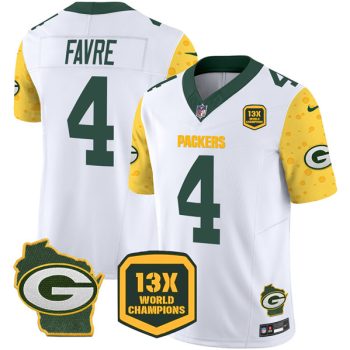 Green Bay Packers #4 Brett Favre White 2024 F.U.S.E. 13 Time World Champions And Home Patch Vapor Untouchable Limited Football Stitched Jersey