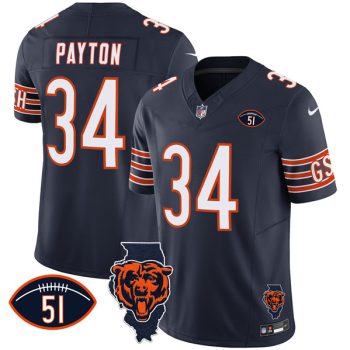 Men's Chicago Bears #34 Walter Payton Navy F.U.S.E. With Illinois and No. 51 Patch Football Stitched Jersey