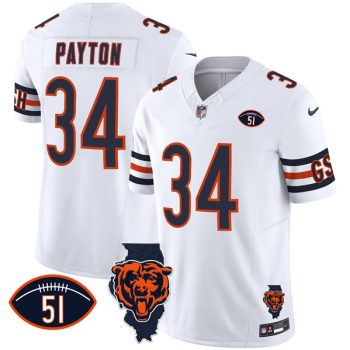 Men's Chicago Bears #34 Walter Payton White F.U.S.E. With Illinois and No. 51 Patch Football Stitched Jersey