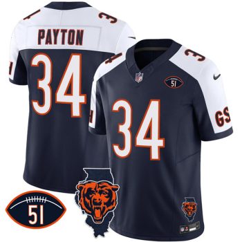 Men's Chicago Bears #34 Walter Payton White/Navy F.U.S.E. With Illinois and No. 51 Patch Football Stitched Jersey