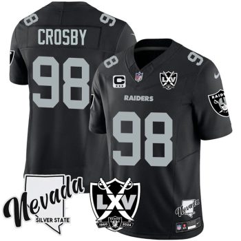 Las Vegas Raiders #98 Maxx Crosby Black 2024 F.U.S.E With Nevada Silver Stat Patch And 65th Anniversary Patch 3-Star C Patch Football Stitched Jersey