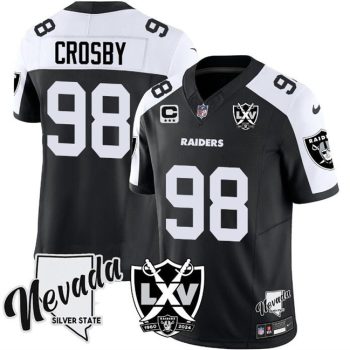 Las Vegas Raiders #98 Maxx Crosby Black/White 2024 F.U.S.E With Nevada Silver Stat Patch And 65th Anniversary Patch 3-Star C Patch Football Stitched Jersey